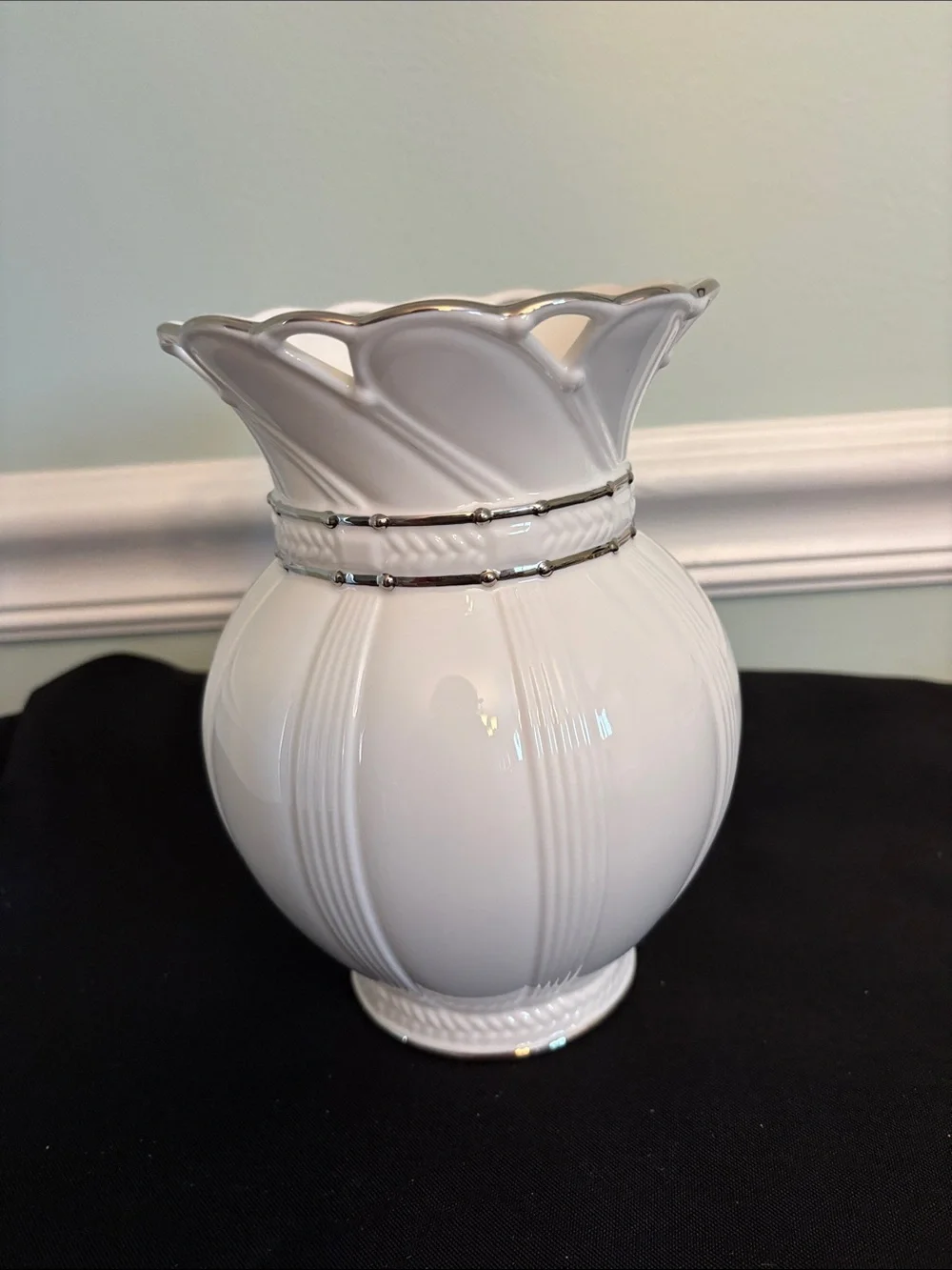 Lenox White Ceramic Globe Vase with Silver Accents